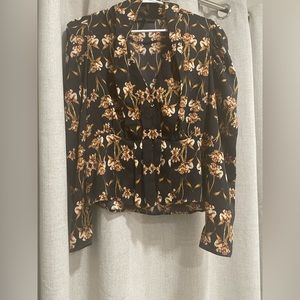 BCBG MaxAzria Top Womens Small Ruffle Black Floral Blouse Long Puff Sleeve